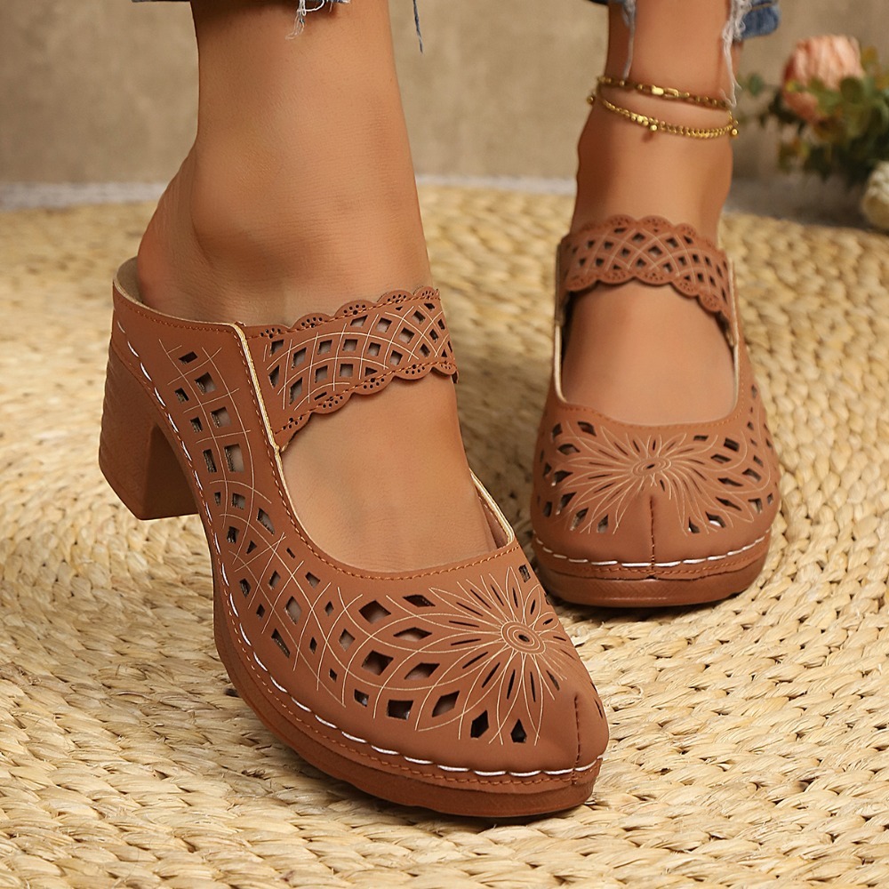 Vintage Fashion Dresses - Women Hollow Cutout Mules Chunky Block