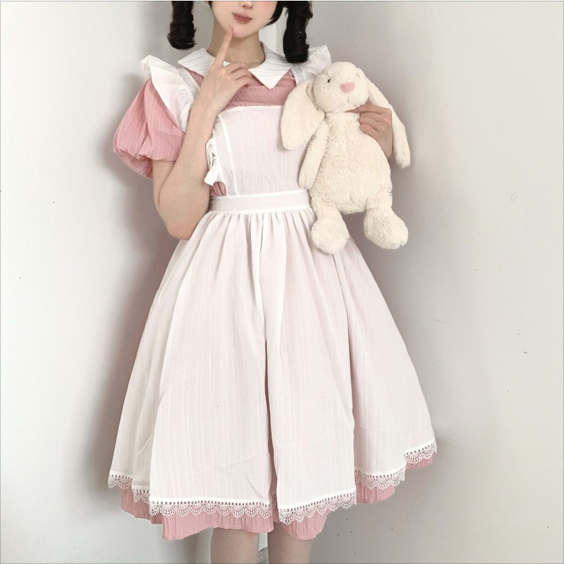 Vintage Fashion Dresses - Long Pink White Maid Dress with