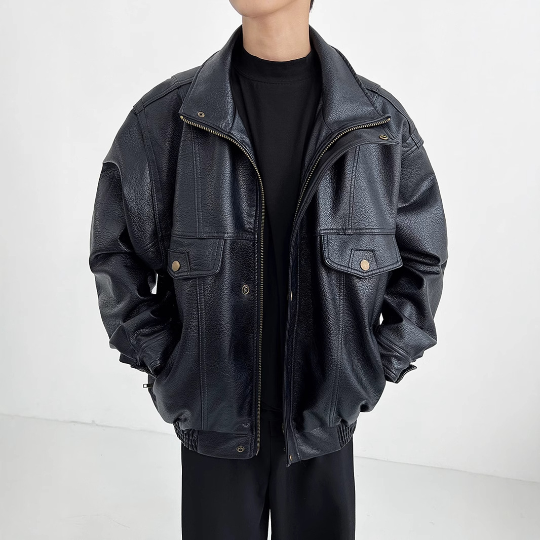 Pu Leather Men's Thickened Bik - Vintage Windbreaker Nylon ulasan dan harga